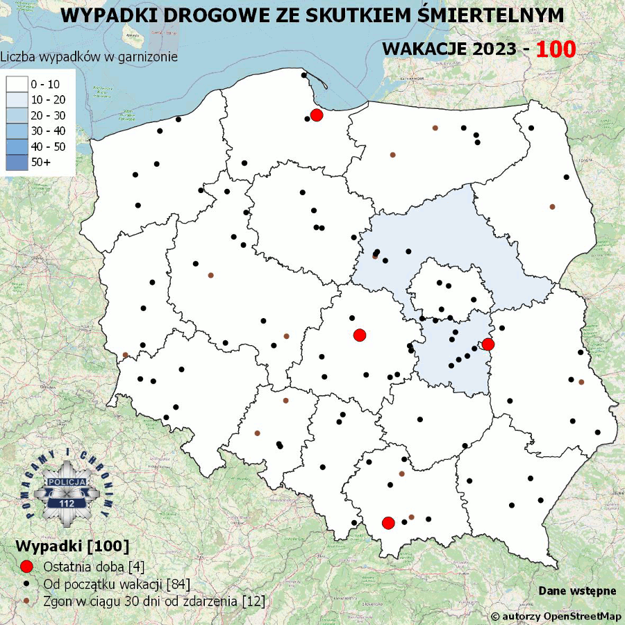 POLICYJNA MAPA WYPADKÓW DROGOWYCH ZE SKUTKIEM ŚMIERTELNYM – WAKACJE 2023